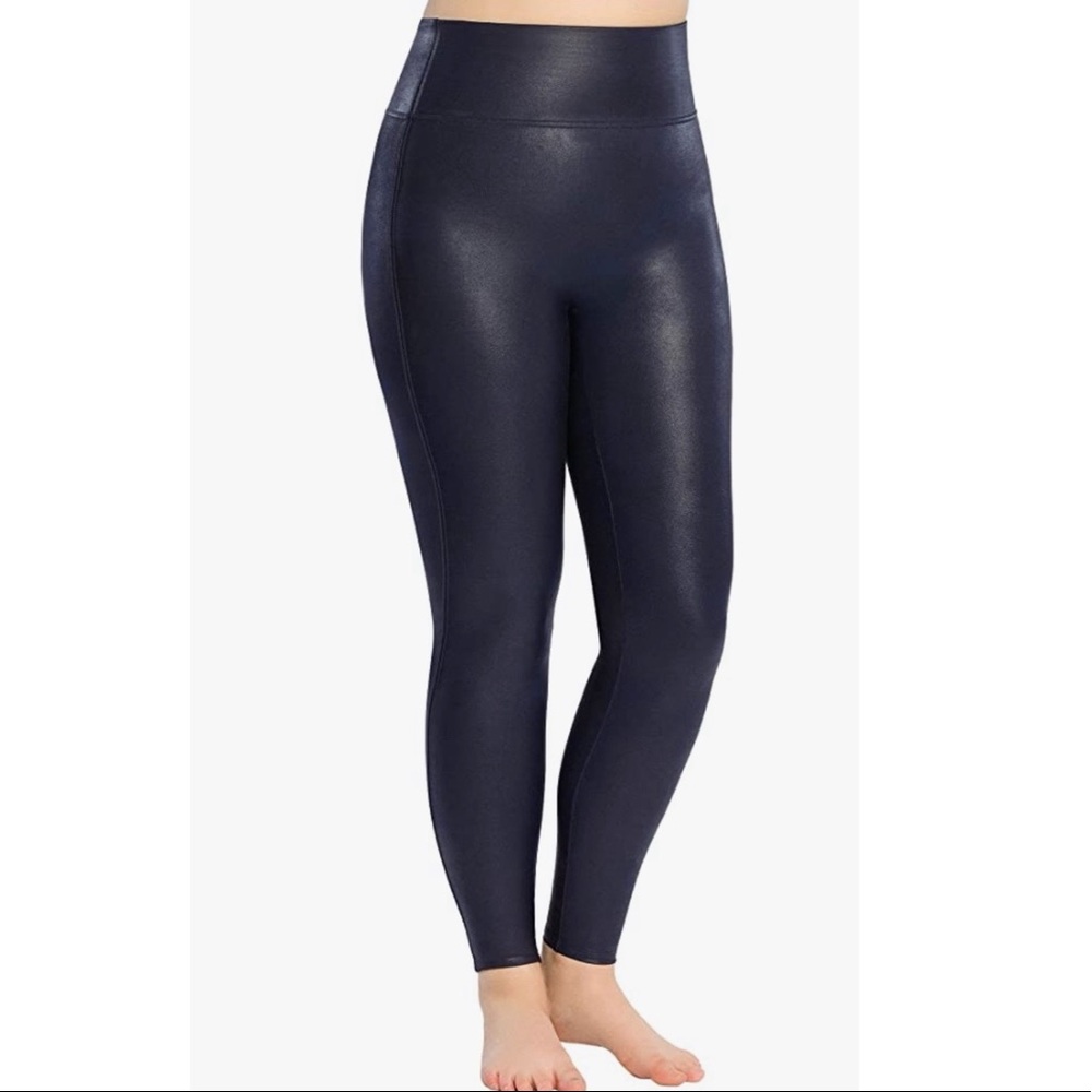 Spanx Faux Leather Leggings M Navy Blue
